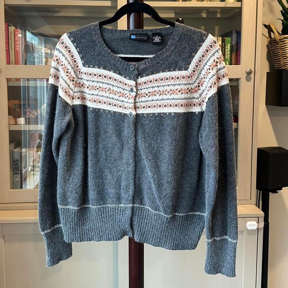 Y2K Fair-Isle Style Cardigan with Beading Detailing